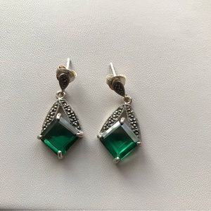 NWT Faceted Siberian Green Emerald Quartz & Marcasite Sterling Silver Earrings